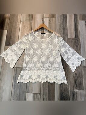 LOFT White Floral Lace Sheer Blouse